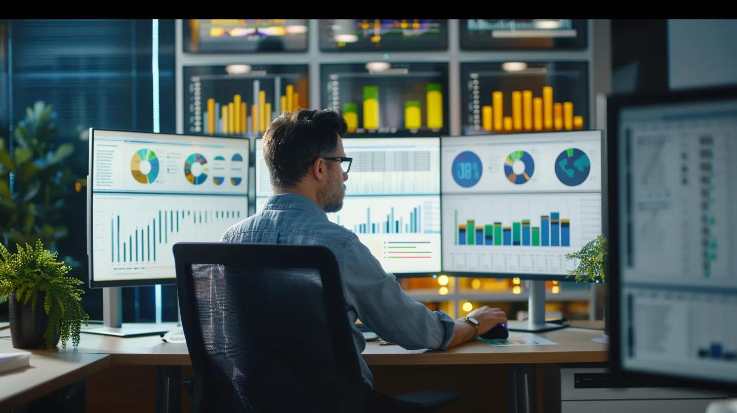 a sleek, modern office environment showcases a focused professional analyzing digital data on multiple screens, with visible graphs and metrics highlighting progress in a competitor-driven seo strategy. a sleek, modern office environment showcases a focused professional analyzing digital data on multiple screens, with visible graphs and metrics highlighting progress in a competitor-driven seo strategy.