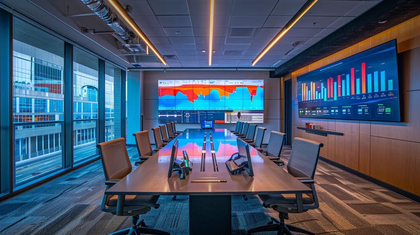 a sleek, modern office space features a high-tech conference table illuminated by focused overhead lighting, with digital screens showcasing colorful graphs and analytics that represent effective seo strategies from north carolina's leading companies. a sleek, modern office space features a high-tech conference table illuminated by focused overhead lighting, with digital screens showcasing colorful graphs and analytics that represent effective seo strategies from north carolina's leading companies.